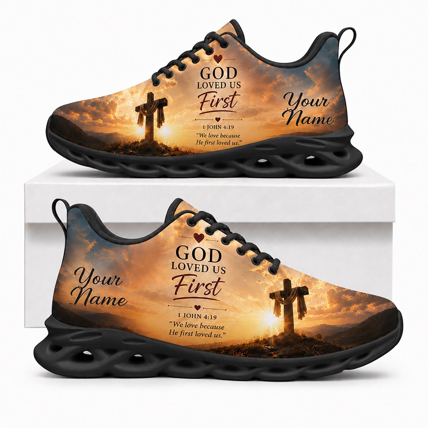 Side view of Custom Name God Loved Us First 1 John 4 19 Max Soul Shoes in black sole showing the personalizable name text zone