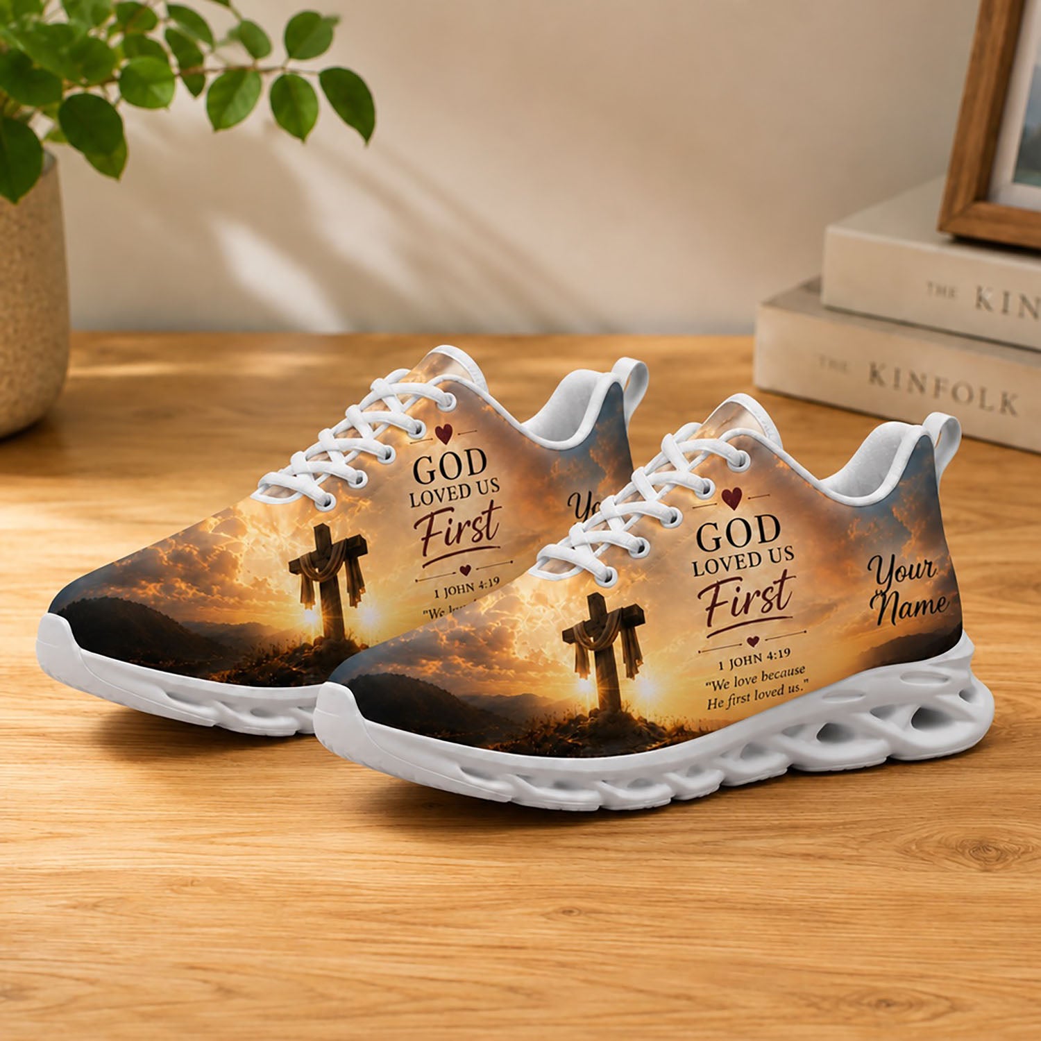 Lifestyle display of Custom Name God Loved Us First 1 John 4 19 Max Soul shoes with white soles styled on a wooden table