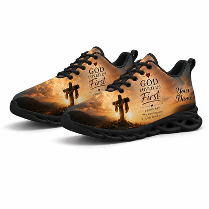 Pair of Christian holy cross sneakers featuring a dramatic mountain sunset print with dynamic black soles