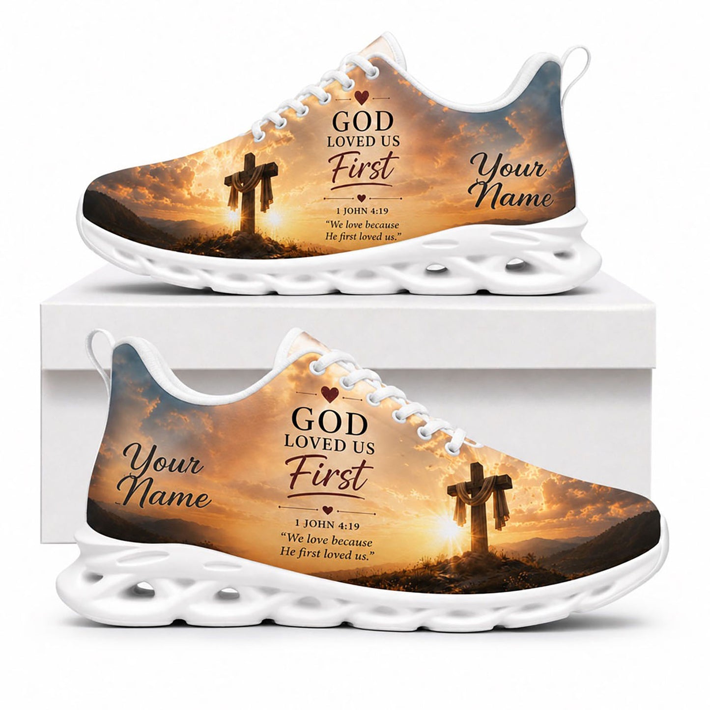 Side view of Custom Name God Loved Us First 1 John 4 19 Max Soul Shoes with white sole featuring a wooden cross at sunset