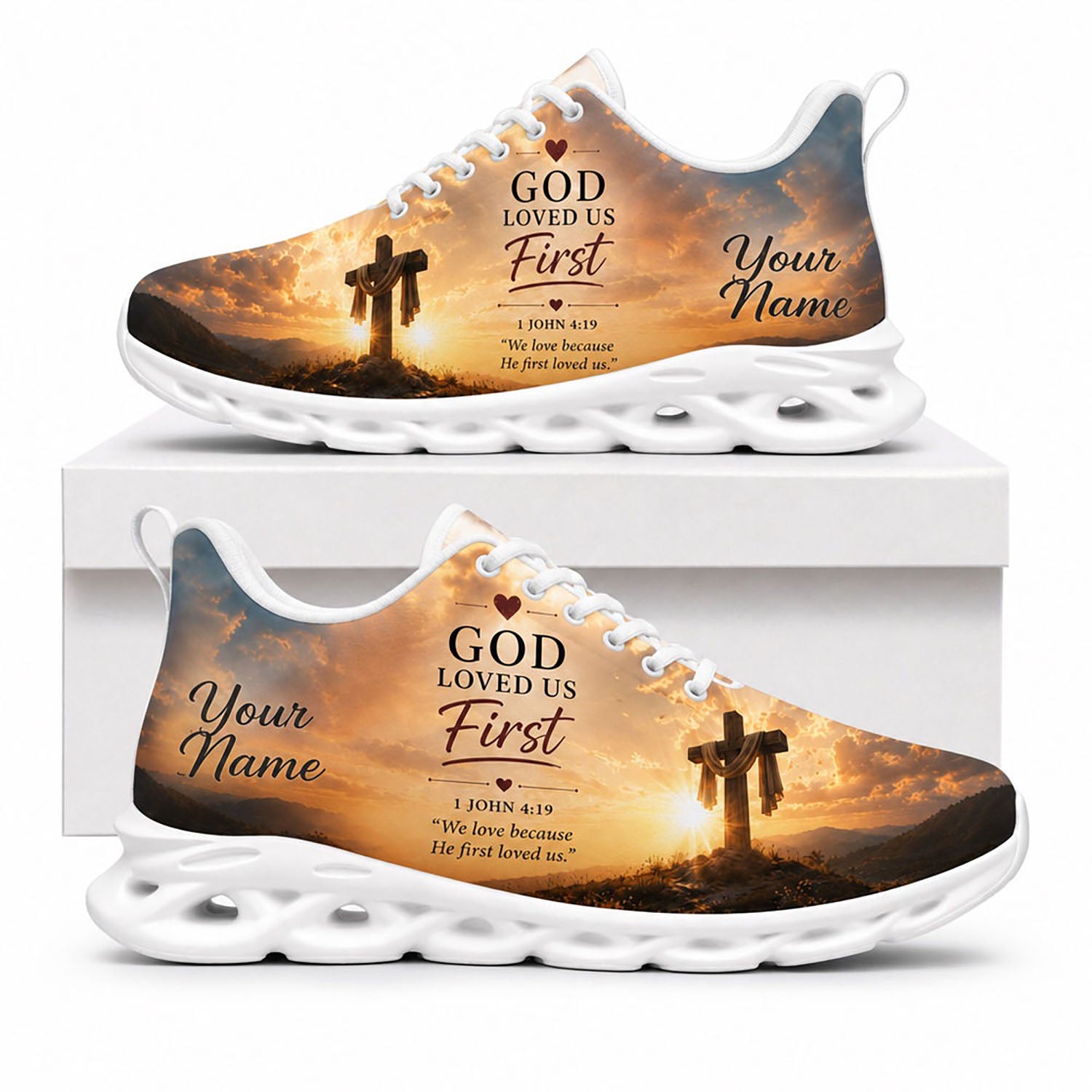 Side view of Custom Name God Loved Us First 1 John 4 19 Max Soul Shoes with white sole featuring a wooden cross at sunset