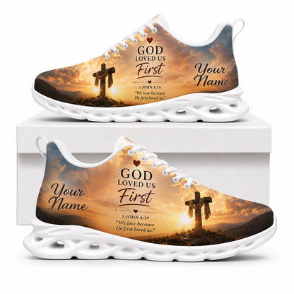 Side view of Custom Name God Loved Us First 1 John 4 19 Max Soul Shoes with white sole featuring a wooden cross at sunset