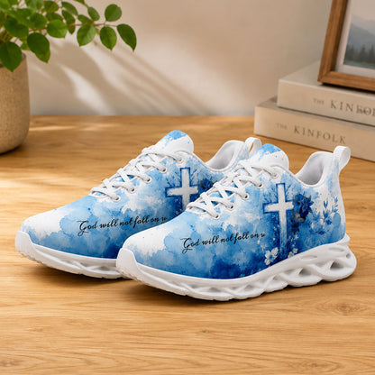 Lifestyle display of Custom Name God Will Not Fall Cross Max Soul shoes with white soles styled on a wooden table