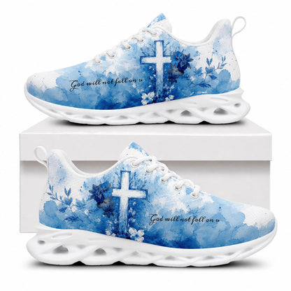 Side view of Custom Name God Will Not Fall Floral Cross Max Soul Shoes in white sole featuring blue watercolor art