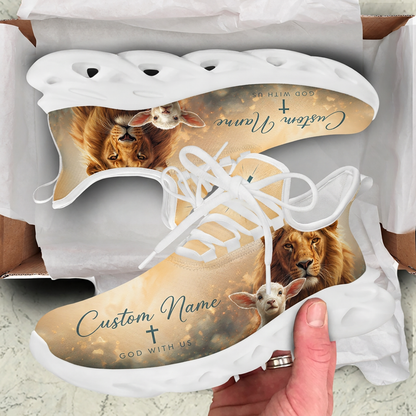 Unboxing display of the Christian beige sneakers featuring the Lion and Lamb motif inside a cardboard package box