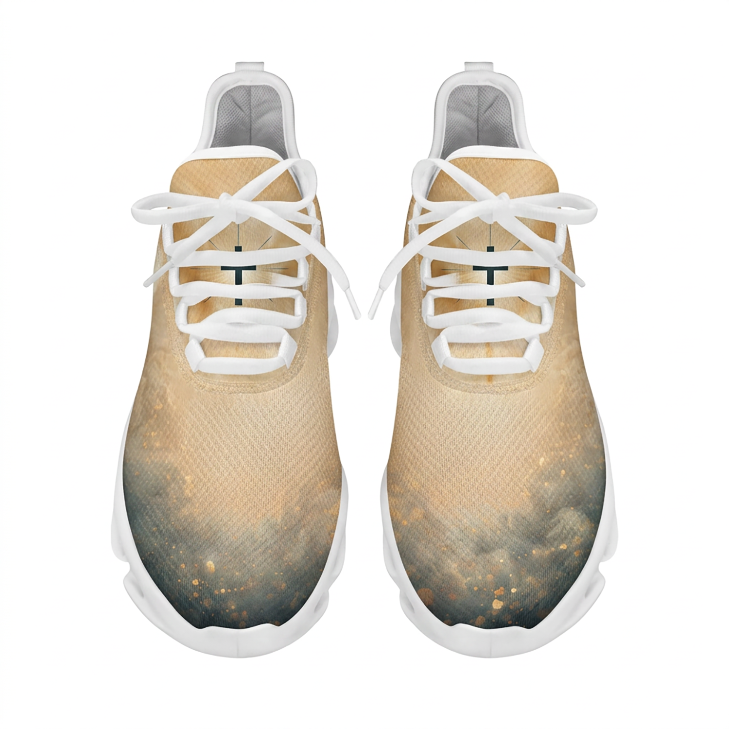 Top-down view of the custom faith sneakers highlighting the golden dust paint splatters on the beige mesh upper