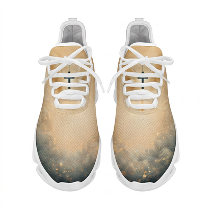 Top-down view of the custom faith sneakers highlighting the golden dust paint splatters on the beige mesh upper