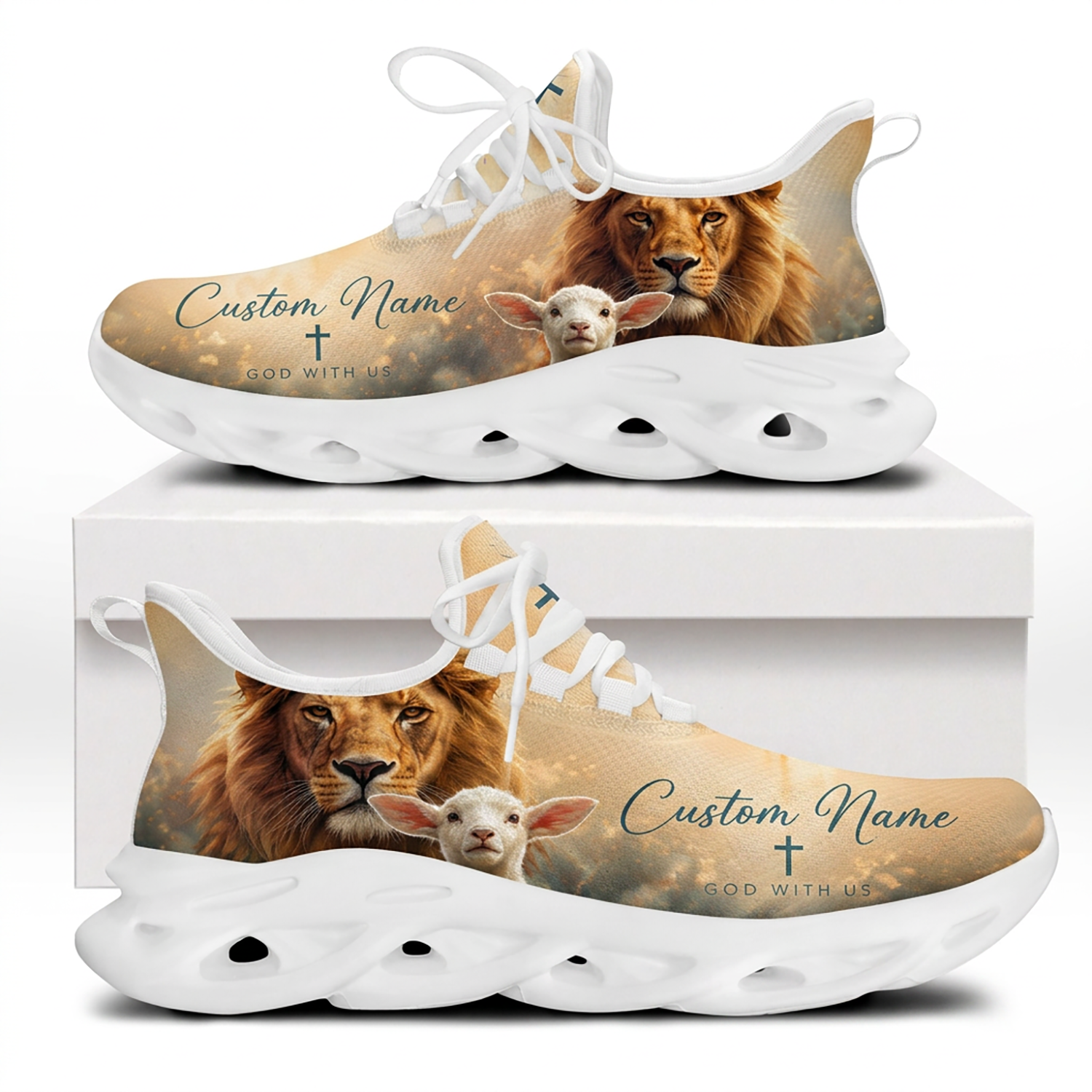 Side view profile of Custom Name God With Us Max Soul Shoes on white soles with a realistic lion and lamb watercolor graphic