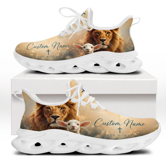 Side view profile of Custom Name God With Us Max Soul Shoes on white soles with a realistic lion and lamb watercolor graphic