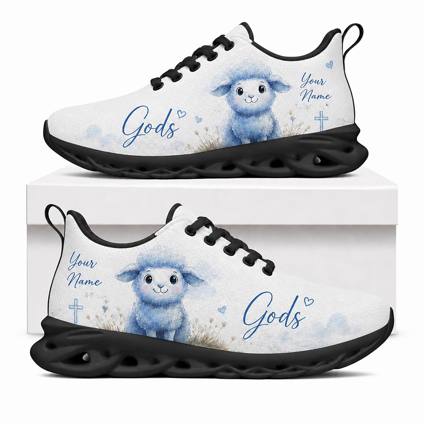 Side view of Custom Name Gods Little Lamb Max Soul Shoes in black sole showing the personalizable name text zone