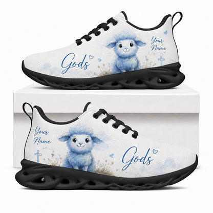 Side view of Custom Name Gods Little Lamb Max Soul Shoes in black sole showing the personalizable name text zone