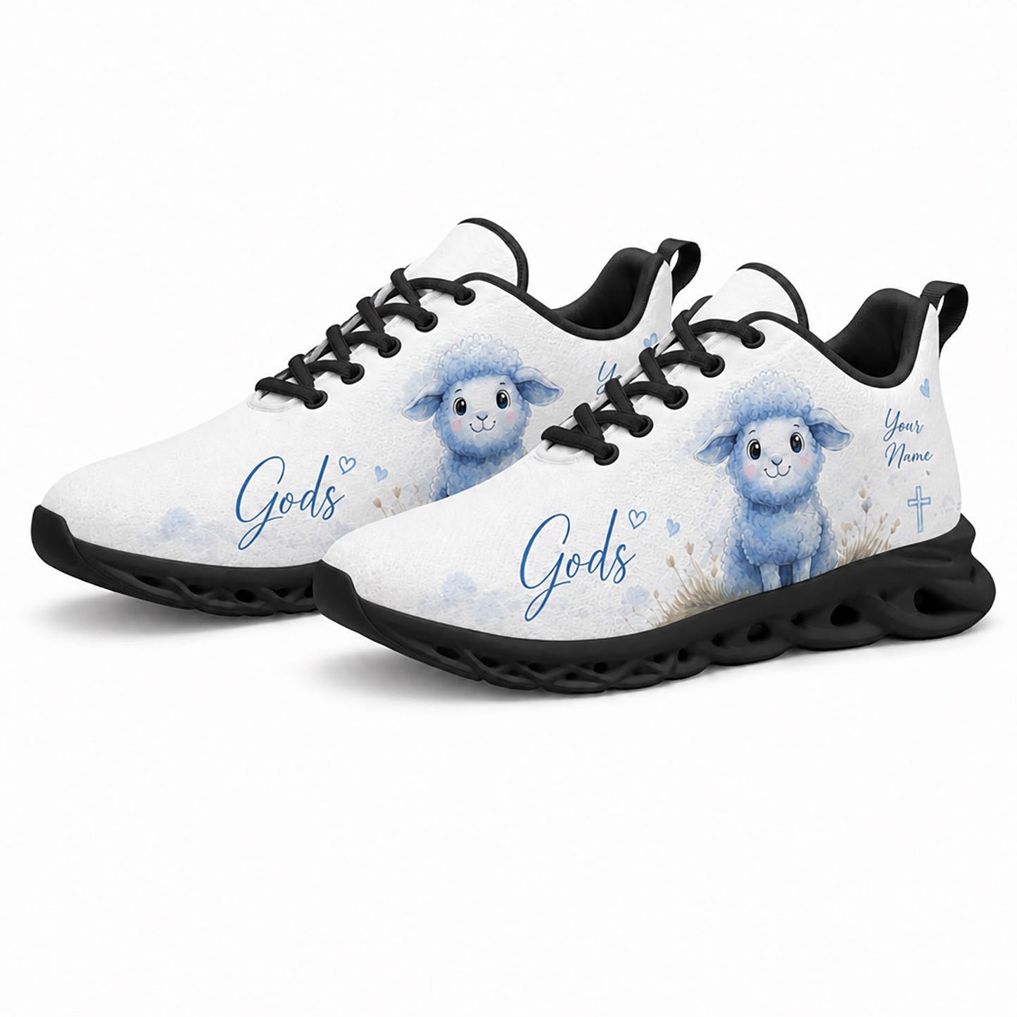 Pair of cute Christian blue sneakers featuring a pastoral watercolor lamb canvas print with dynamic black soles