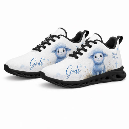 Pair of cute Christian blue sneakers featuring a pastoral watercolor lamb canvas print with dynamic black soles
