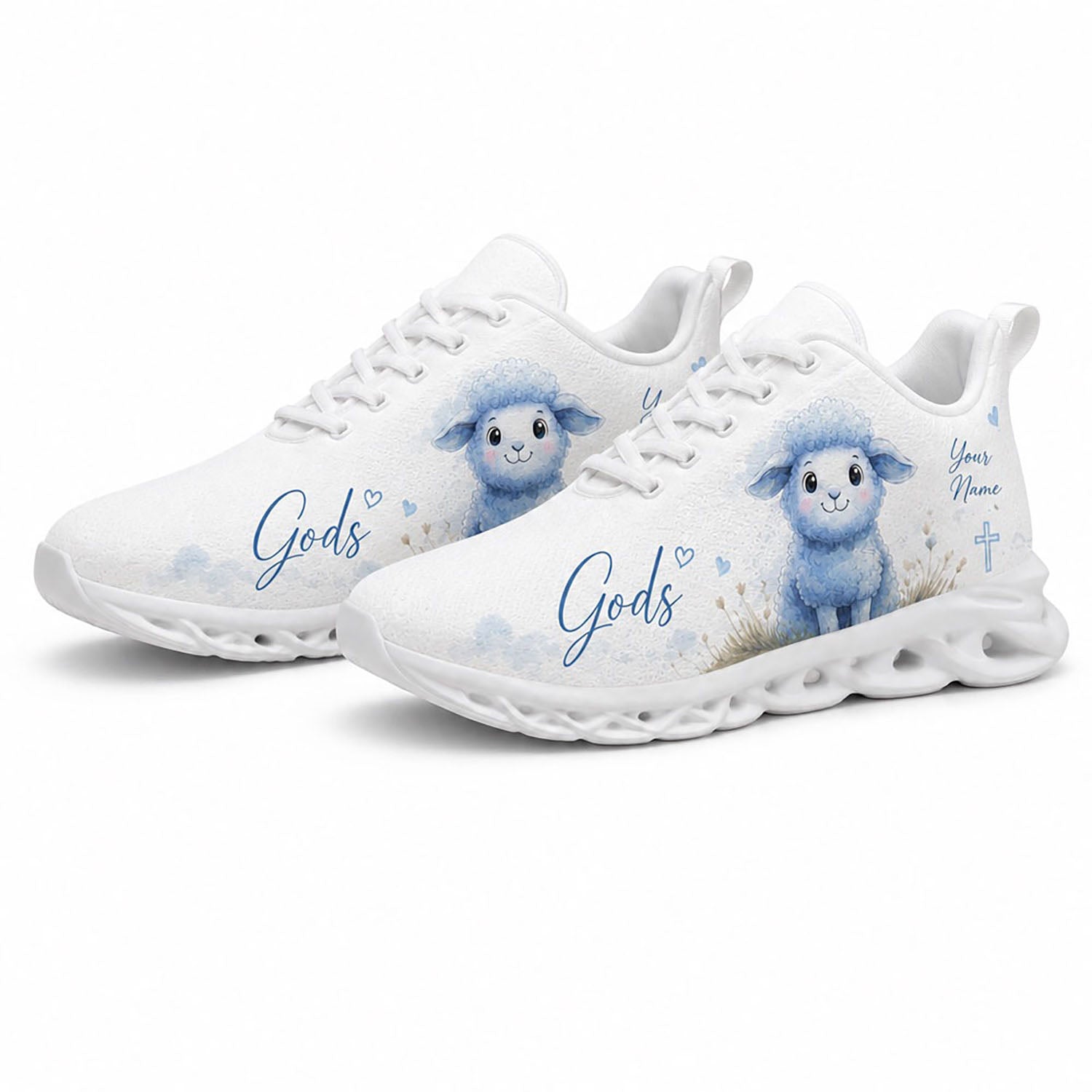 Angled pair of cute Christian blue sneakers with text engraving fields and blue holy cross symbols on white soles