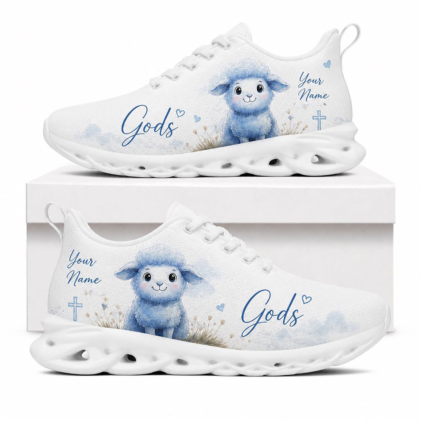 Side view of Custom Name Gods Little Lamb Max Soul Shoes on white soles featuring a cute blue watercolor lamb print