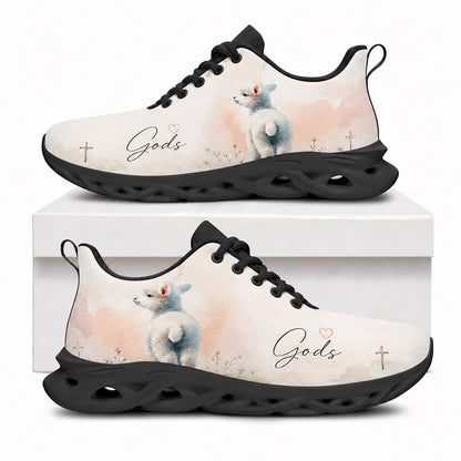 Side profile of Custom Name Gods Little Lamb Watercolor Max Soul Shoes in black sole showing the personalizable name text zone