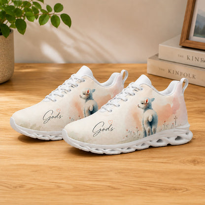 Lifestyle product presentation of Custom Name Gods Little Lamb Watercolor Max Soul shoes with white soles styled on a wooden tabletop