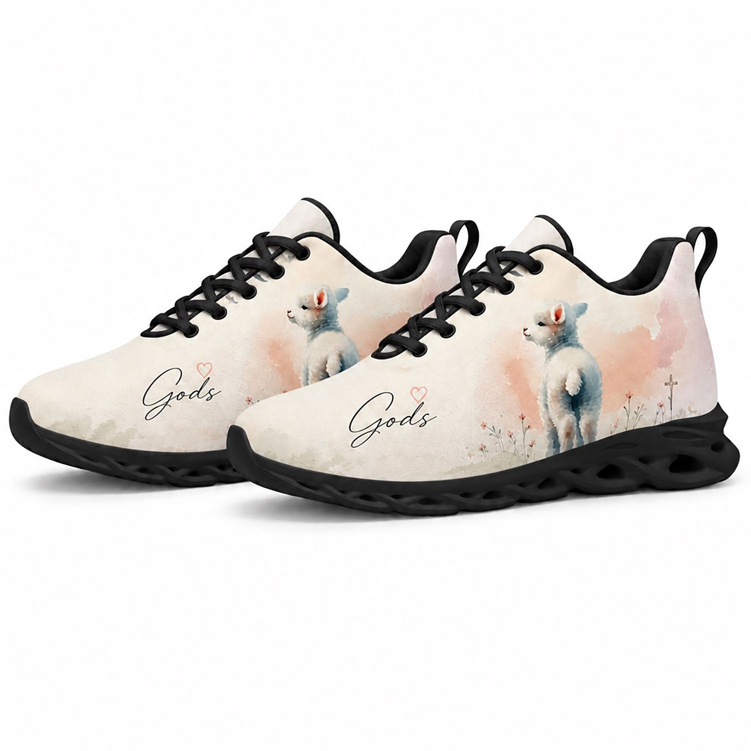 Pair of Christian lamb sneakers featuring a sweet pastoral meadow print with dynamic black traction soles