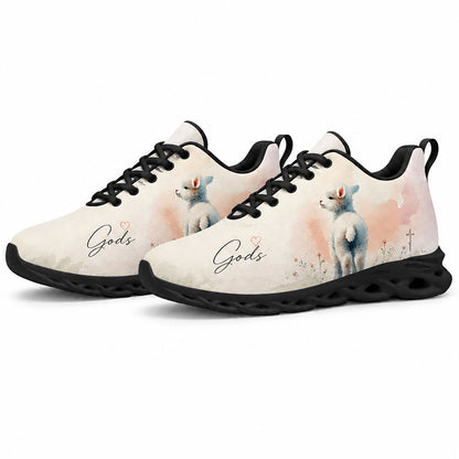 Pair of Christian lamb sneakers featuring a sweet pastoral meadow print with dynamic black traction soles
