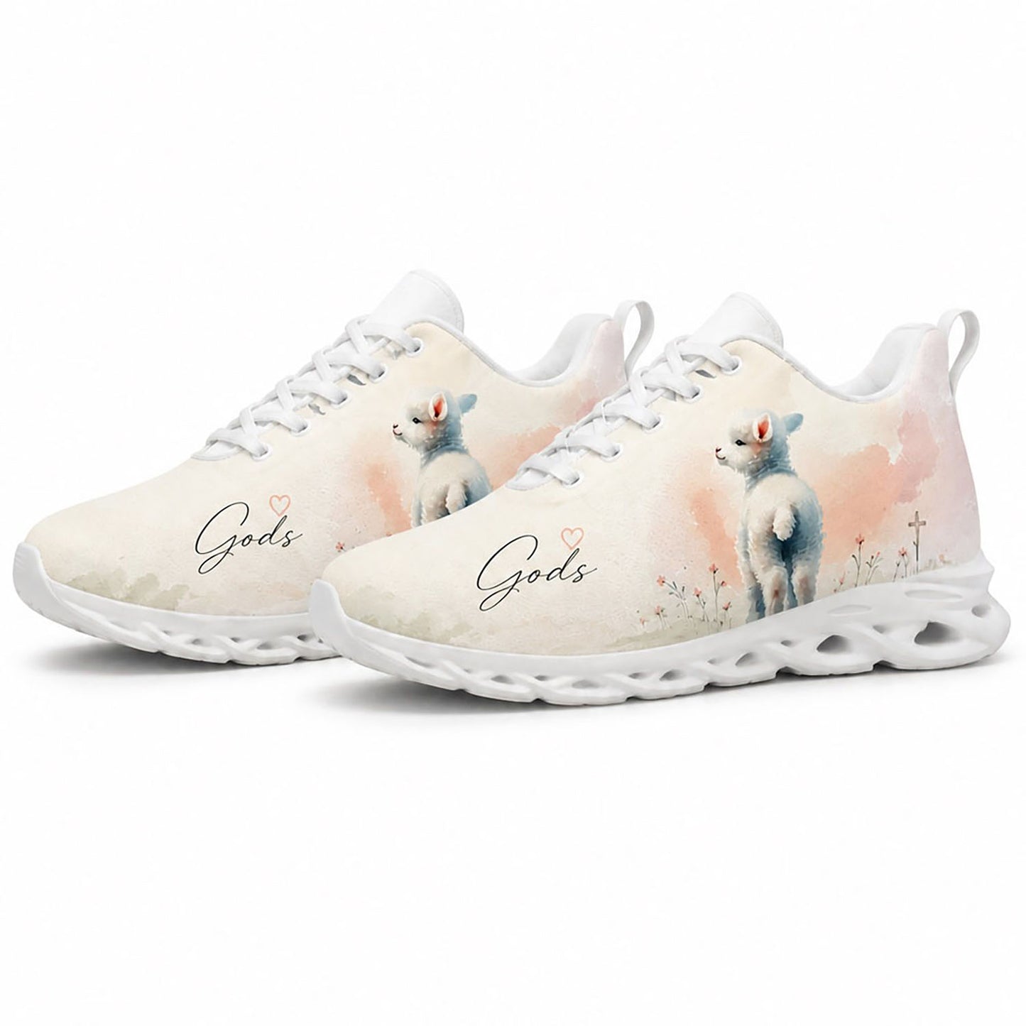 Angled pair of Christian lamb sneakers with soft pink watercolor textures and text engraving on white soles