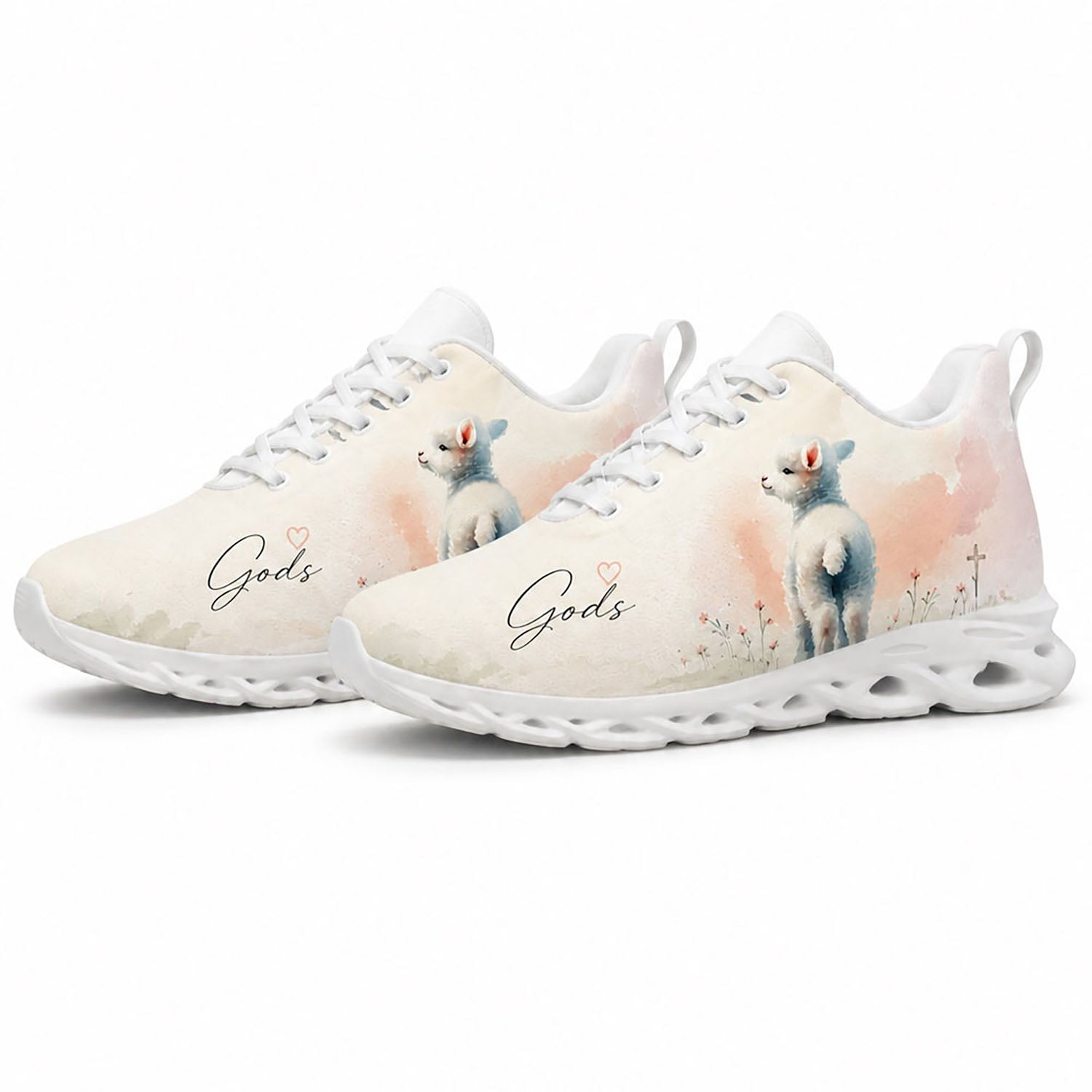 Angled pair of Christian lamb sneakers with soft pink watercolor textures and text engraving on white soles
