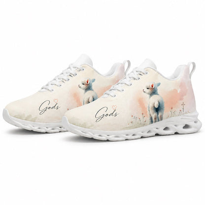 Angled pair of Christian lamb sneakers with soft pink watercolor textures and text engraving on white soles