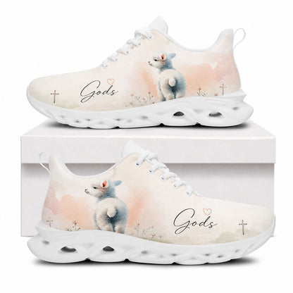 Side profile of Custom Name Gods Little Lamb Watercolor Max Soul Shoes with white sole featuring a cute lamb and cross art