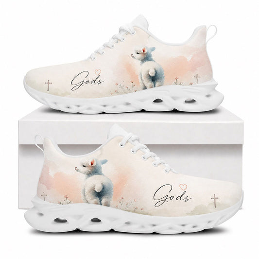 Side profile of Custom Name Gods Little Lamb Watercolor Max Soul Shoes with white sole featuring a cute lamb and cross art