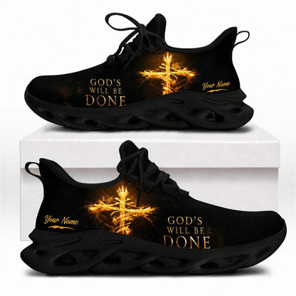 Christian shoes featuring a glowing flaming cross and God's Will Be Done text on black wavy soles