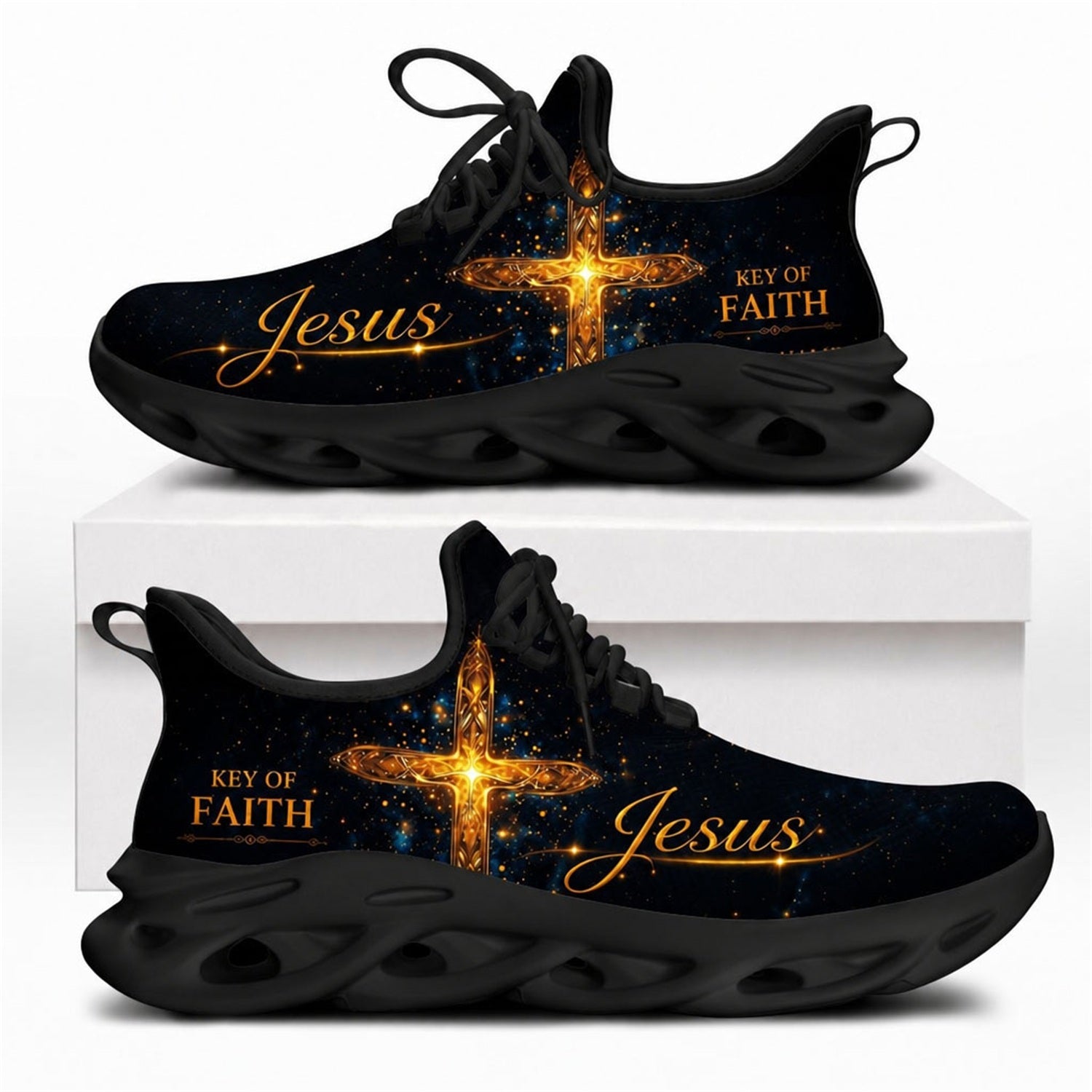 Christian sneakers featuring a glowing golden cross design and "Key of Faith" text on black wavy soles