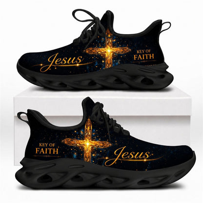 Christian sneakers featuring a glowing golden cross design and "Key of Faith" text on black wavy soles