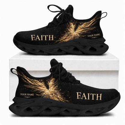 Christian sneakers featuring glowing golden angel wings and "FAITH" text on black wavy soles