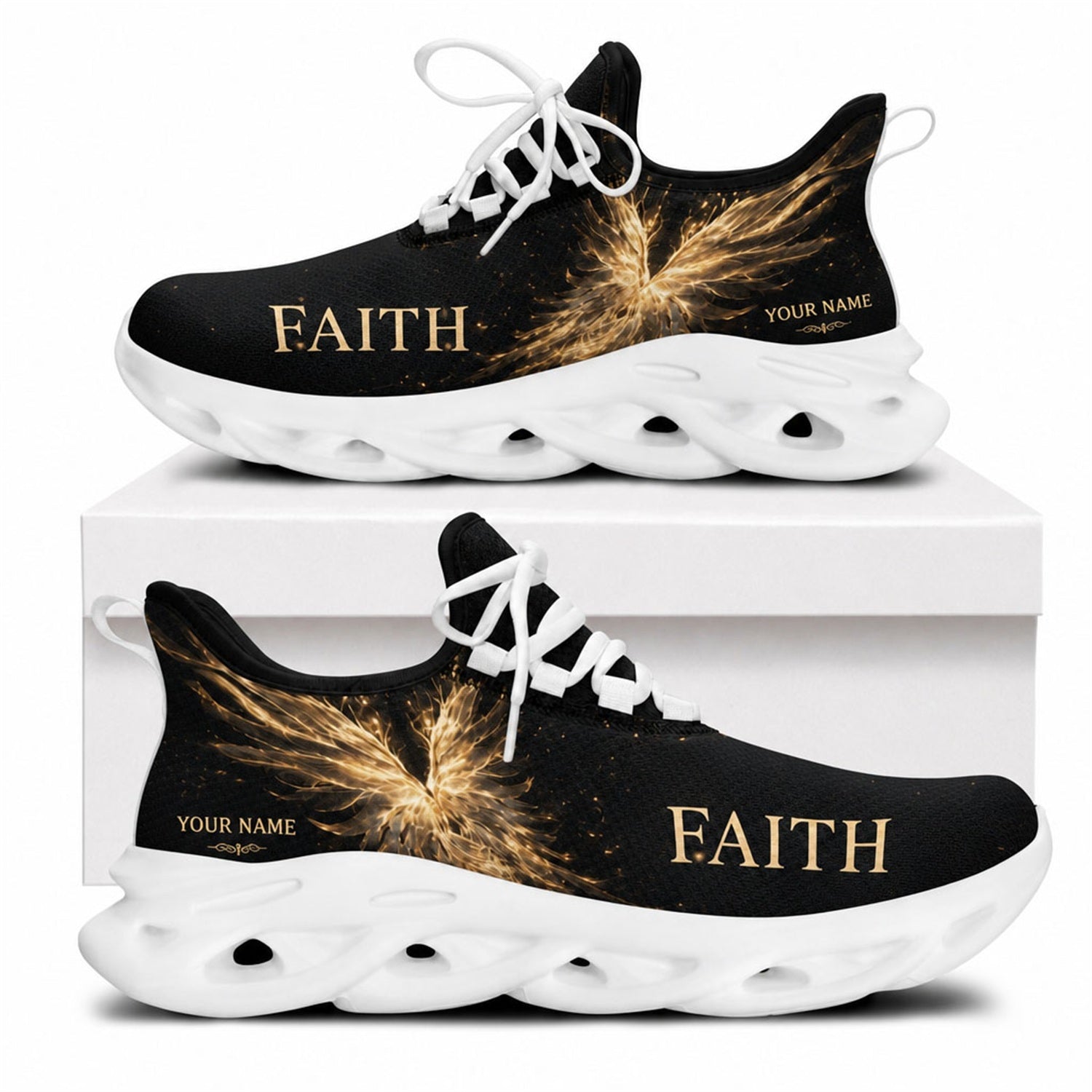 Side view of Golden Faith Wings sneakers with luminous wing motif on white outsoles