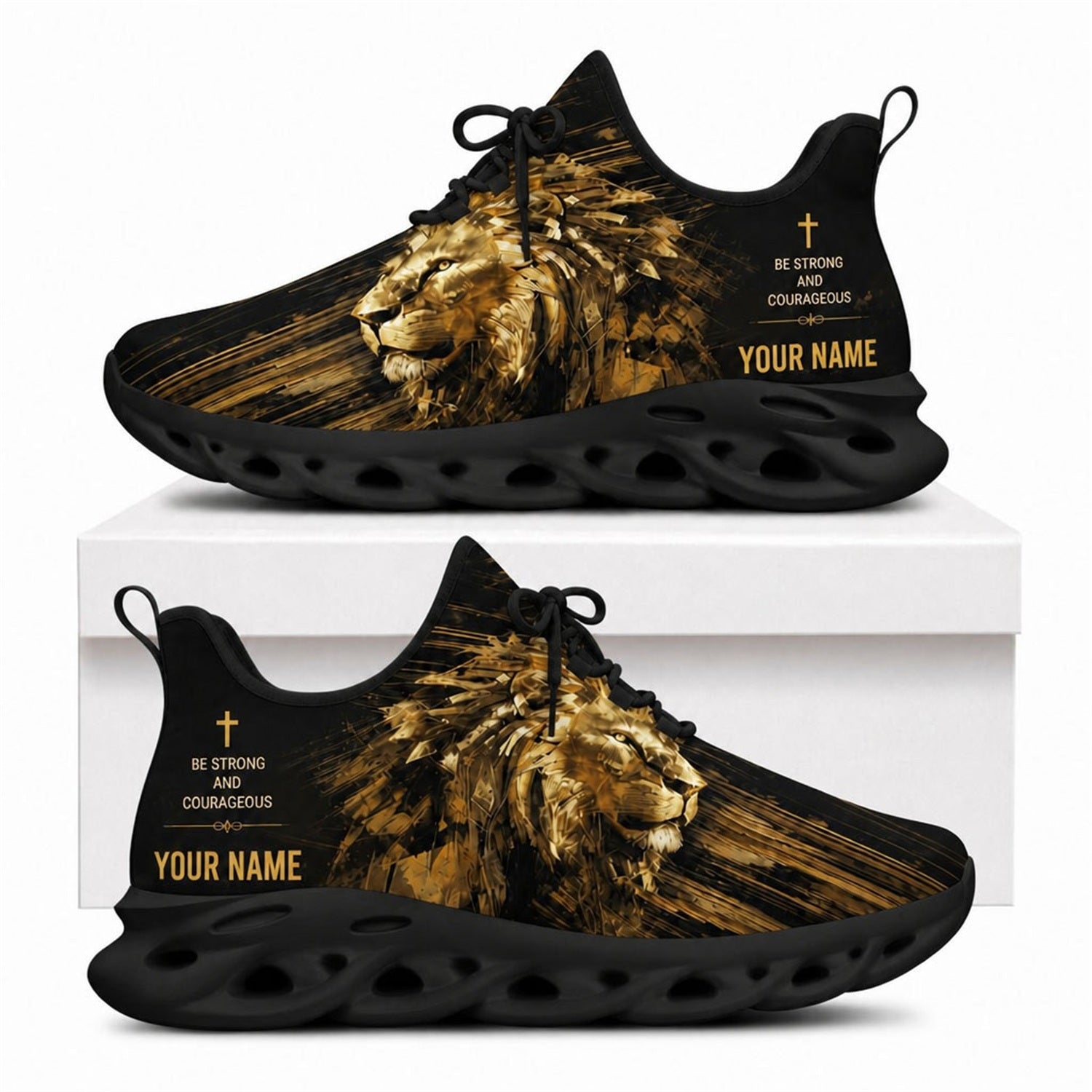 Golden geometric lion Christian shoes with abstract speed line artwork and solid black wavy soles