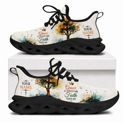 Christian sneakers with "Grace Carried Me Faith Keeps Me" text and tree-cross design on black wavy soles