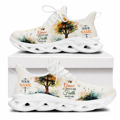 Side view of faith sneakers with tree-cross motif and inspirational text on white outsoles
