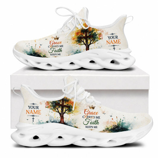 Side view of faith sneakers with tree-cross motif and inspirational text on white outsoles