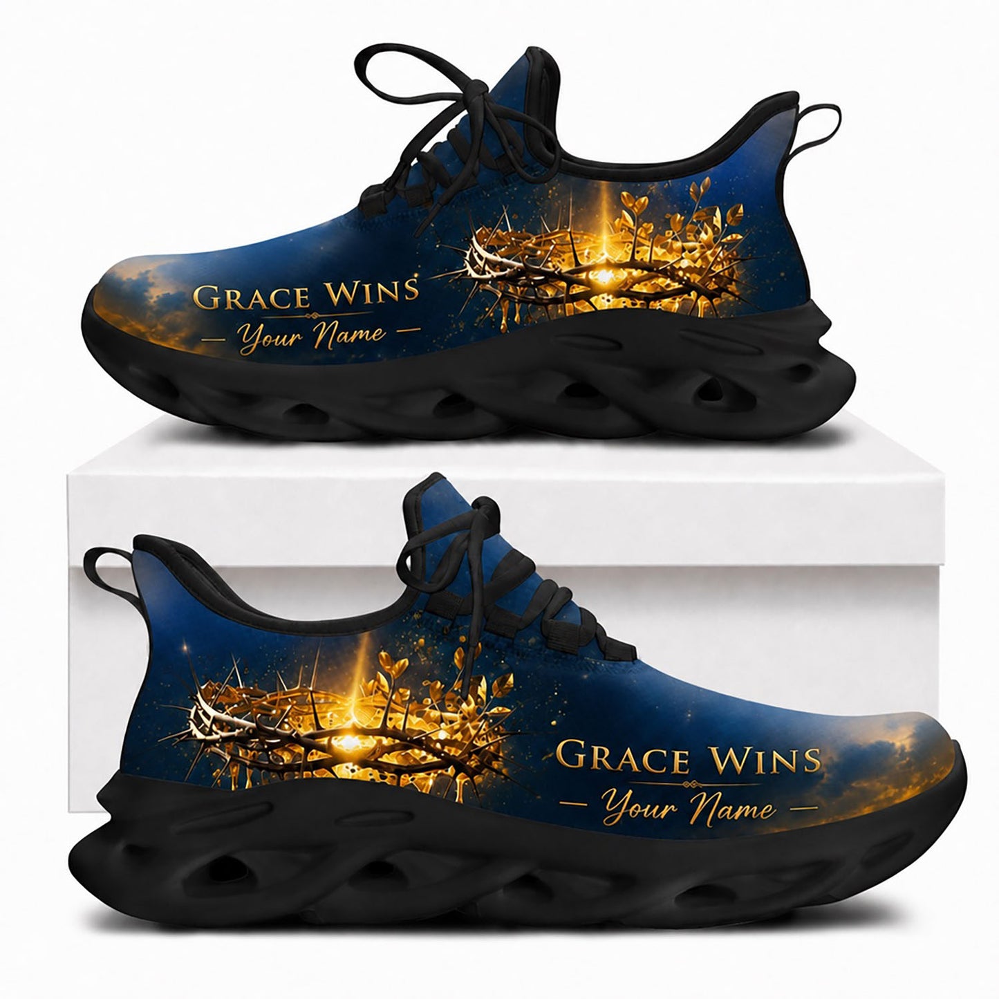 Side profile of Custom Name Grace Wins Max Soul Shoes in black sole showing the personalizable name text zone