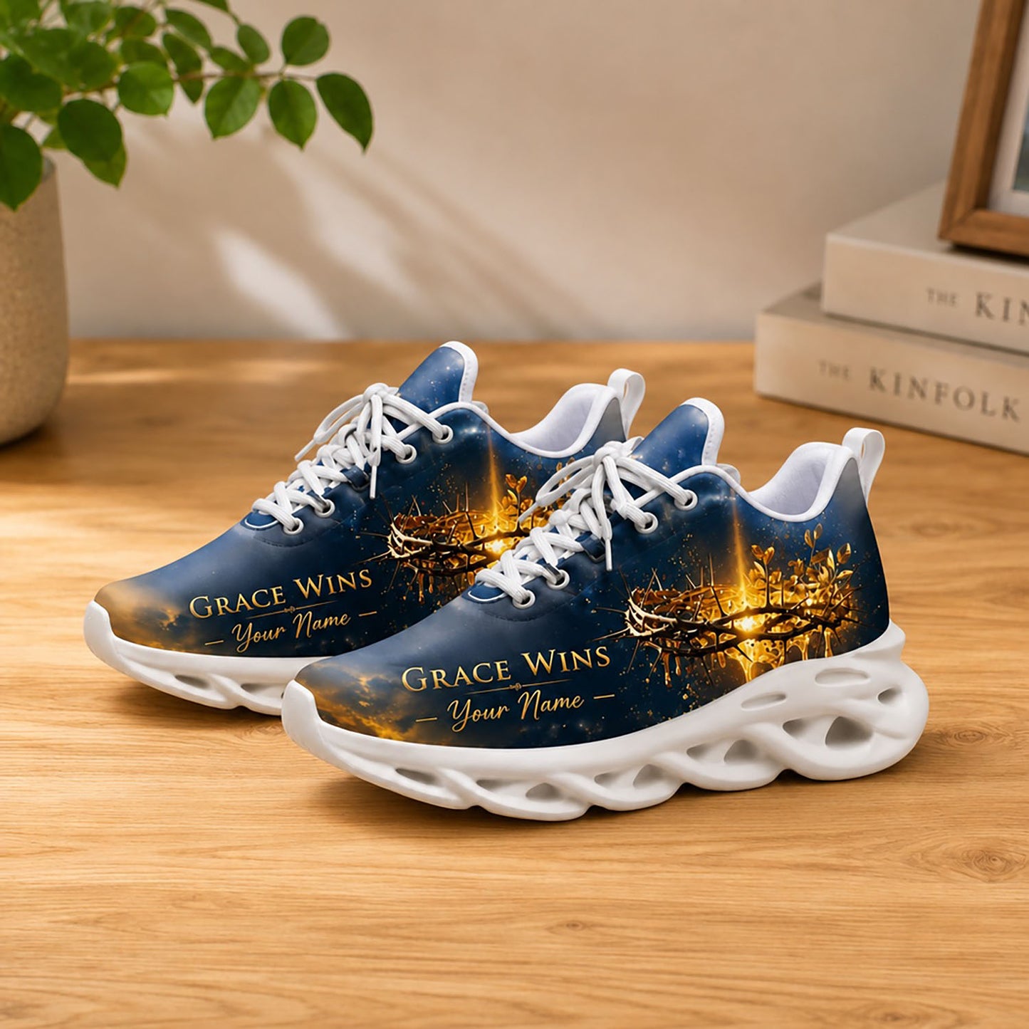Lifestyle product presentation of Custom Name Grace Wins Max Soul shoes with white soles styled on a clean wooden table