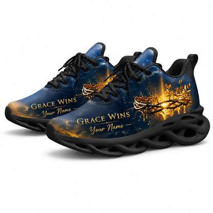 Pair of Christian golden crown of thorns sneakers featuring a dramatic cosmic starry print with dynamic black soles
