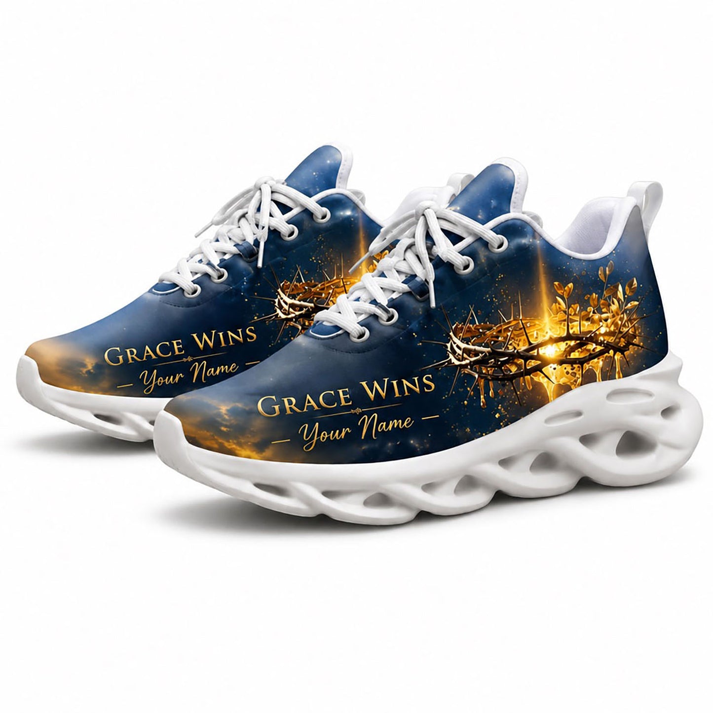 Angled pair of Christian golden crown of thorns sneakers with deep blue nebula clouds text graphics on white soles
