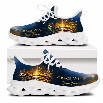 Side profile of Custom Name Grace Wins Max Soul Shoes on white soles featuring a glowing golden crown of thorns art