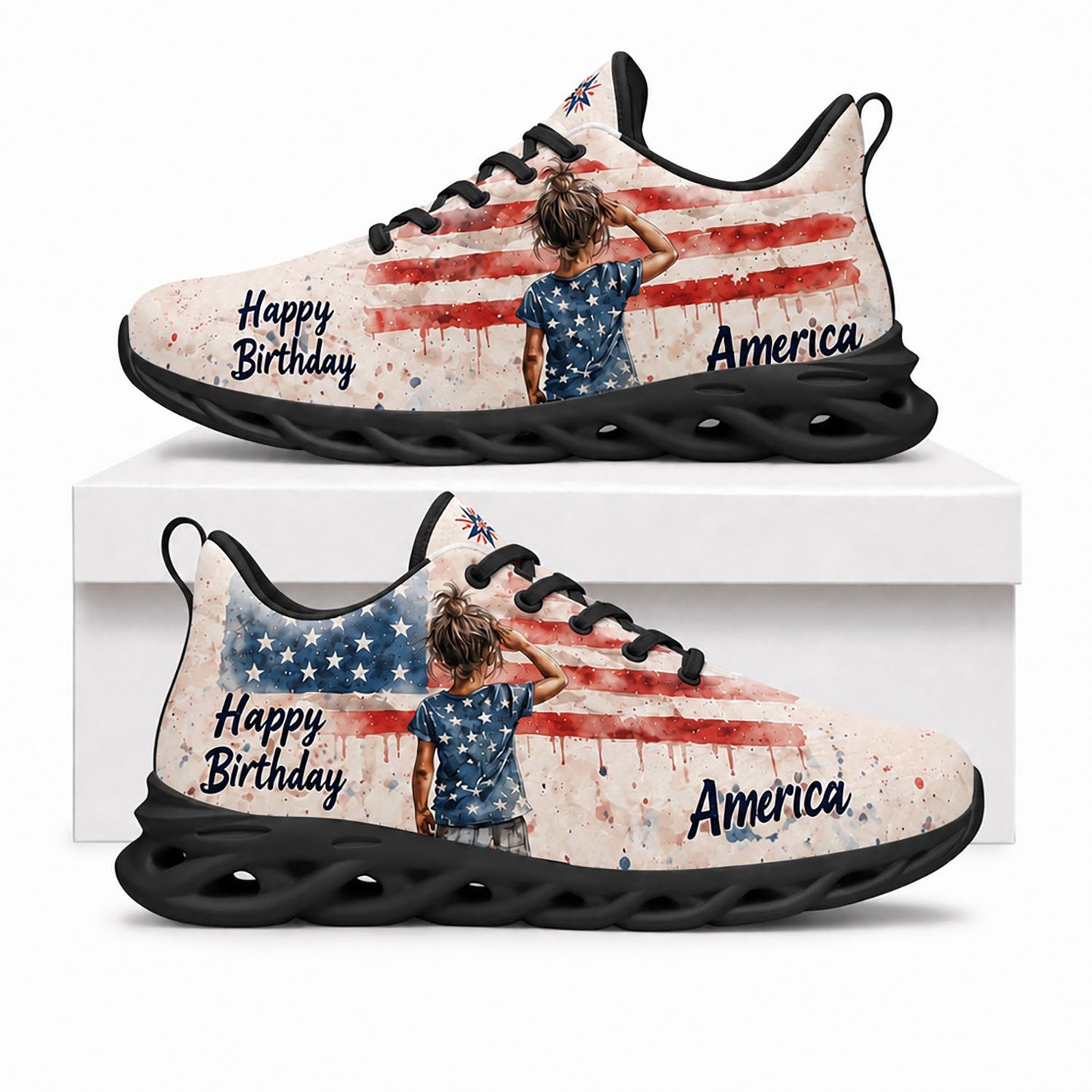Side view of Custom Name Happy Birthday America Max Soul Shoes in black sole showing custom text options