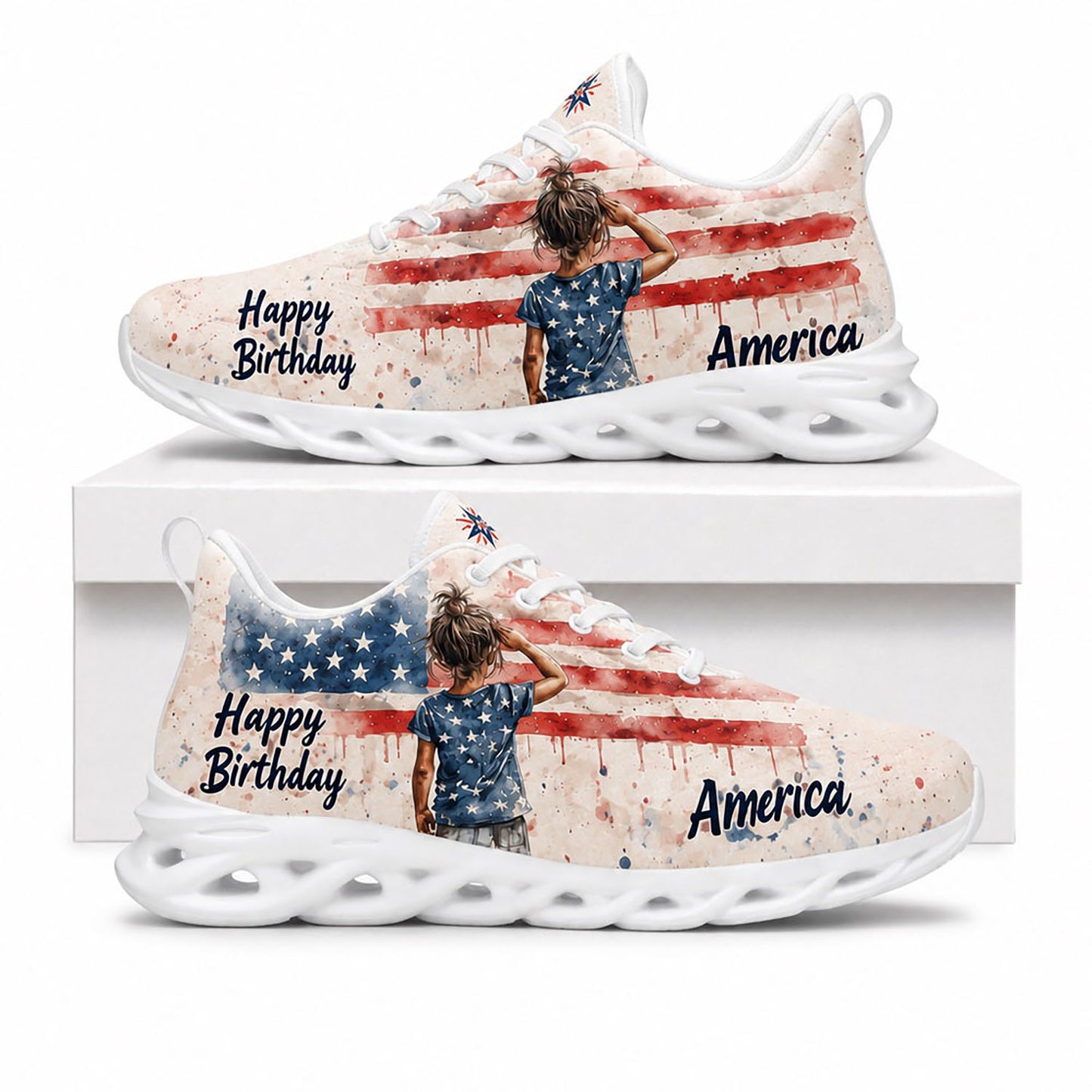 Side view of Custom Name Happy Birthday America Max Soul Shoes in white sole featuring patriotic flag art