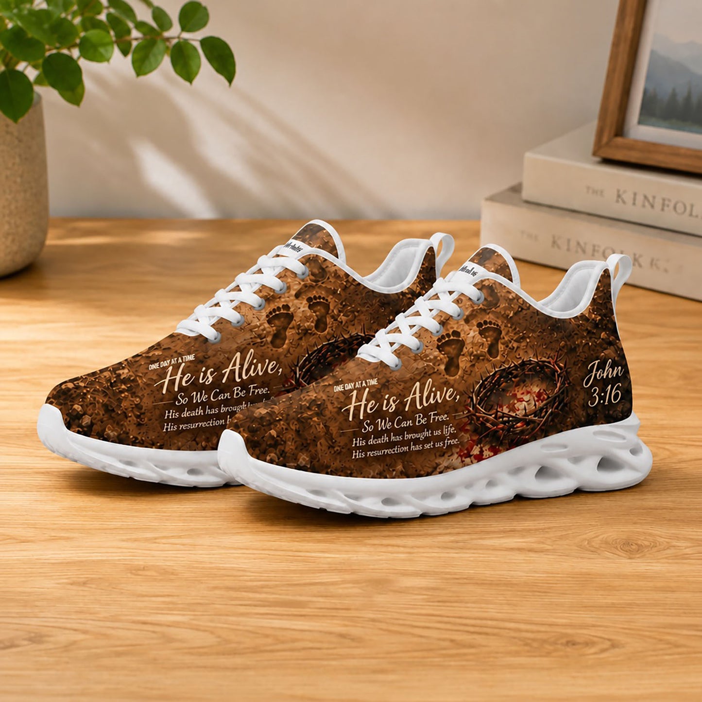 Lifestyle display of Custom Name John 3 16 Max Soul shoes with white soles styled on a warm tone wooden table