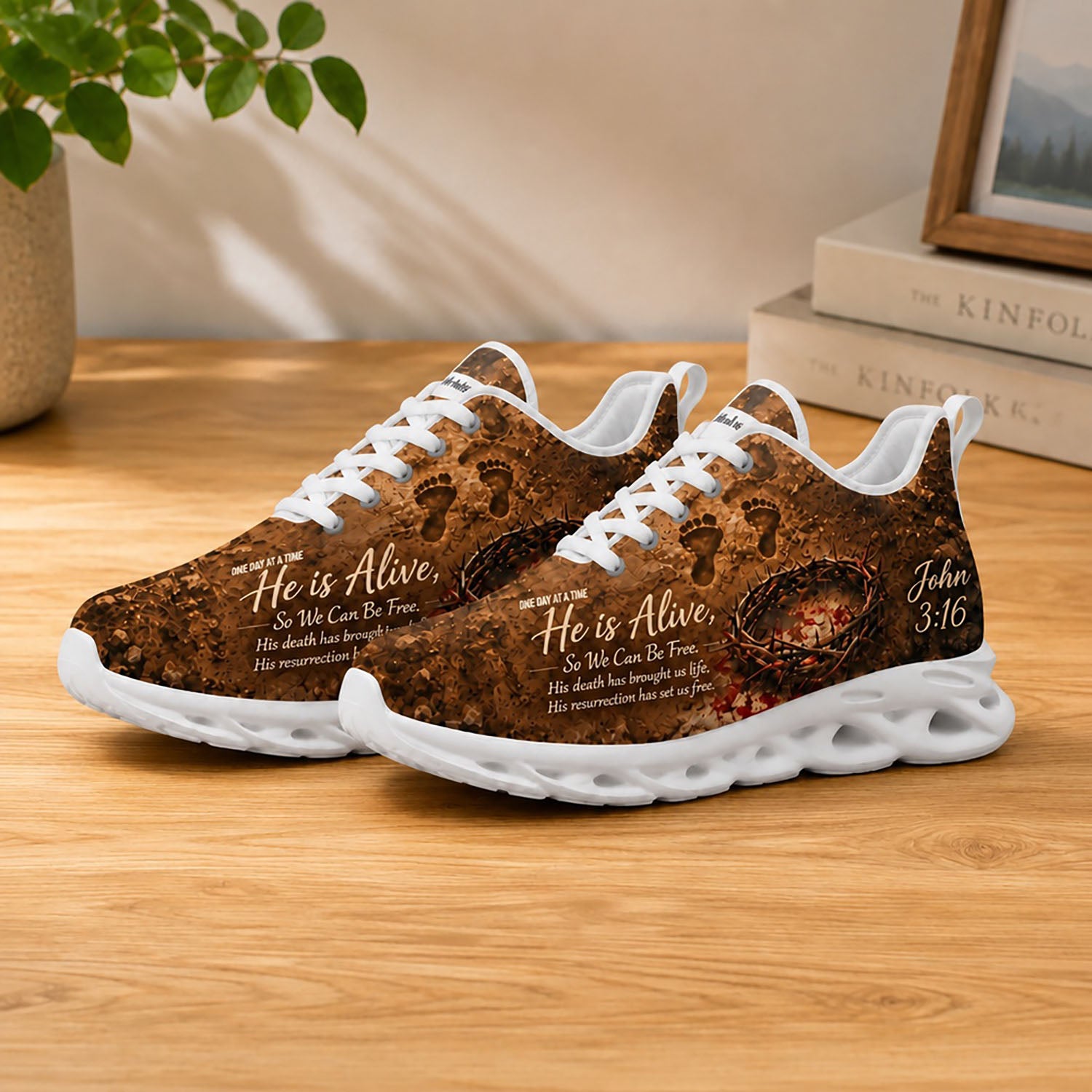 Lifestyle display of Custom Name John 3 16 Max Soul shoes with white soles styled on a warm tone wooden table