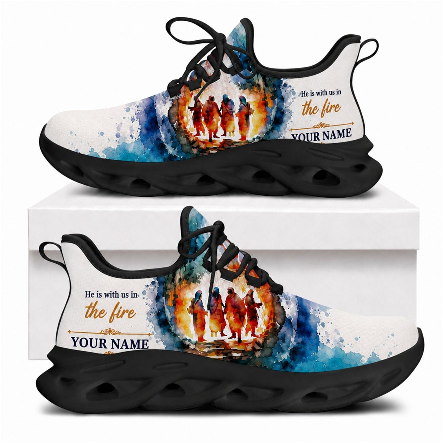 Christian sneakers featuring a "He is with us in the fire" watercolor design on black wavy soles