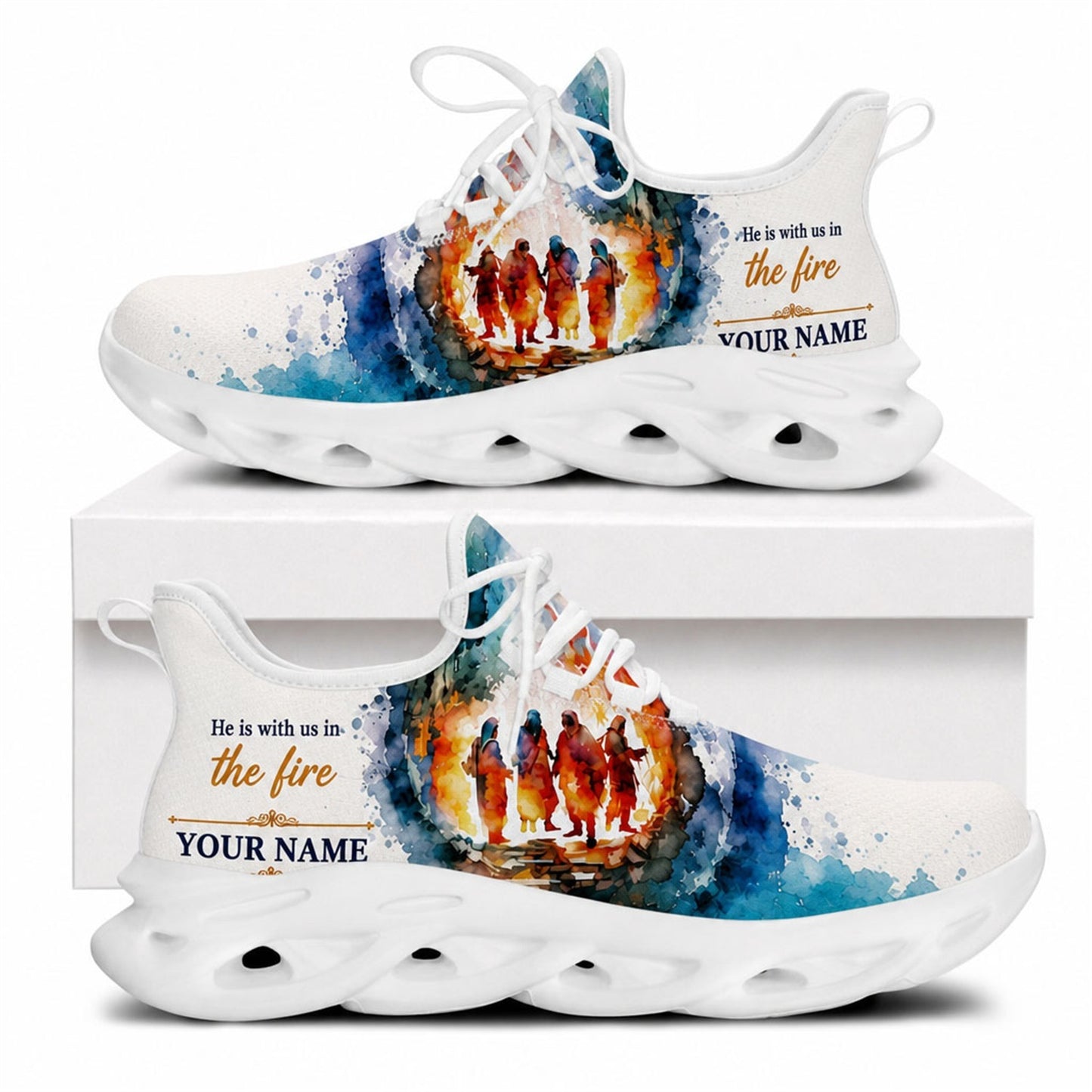 Side view of faith sneakers with "He is with us in the fire" graphic on white outsoles