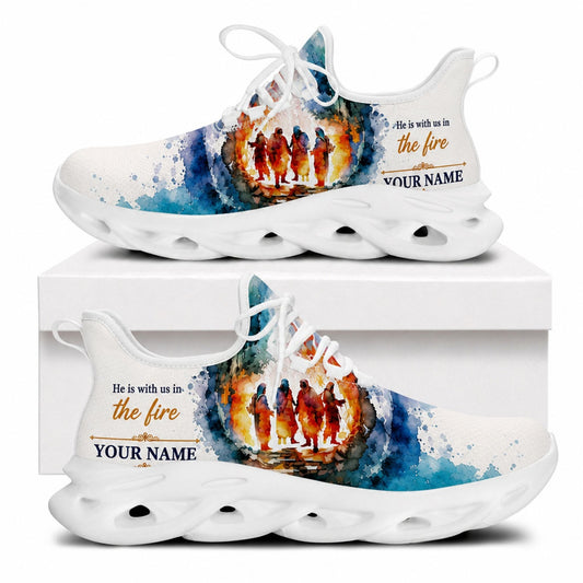 Side view of faith sneakers with "He is with us in the fire" graphic on white outsoles