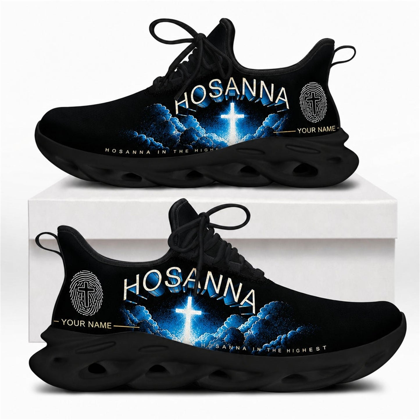 Hosanna in the highest Christian shoes featuring a glowing blue neon cross, heavenly clouds, and black soles